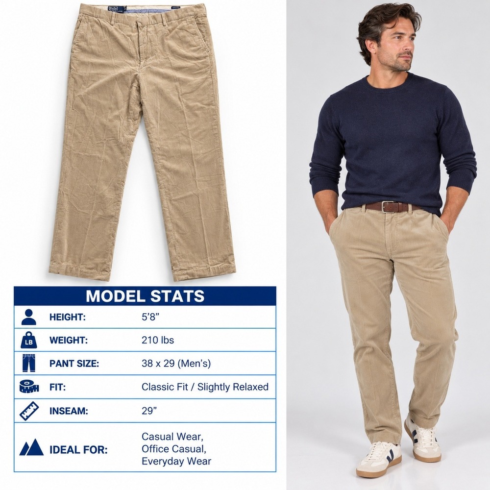 Polo Ralph Lauren Mens 38x29 Corduroy Pants Tan Beige Made in Italy Classic Fit